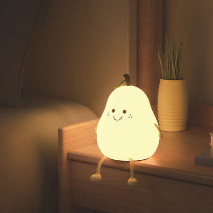 LED Pear Night Light – USB Rechargeable Touch Silicone Bedside Lamp