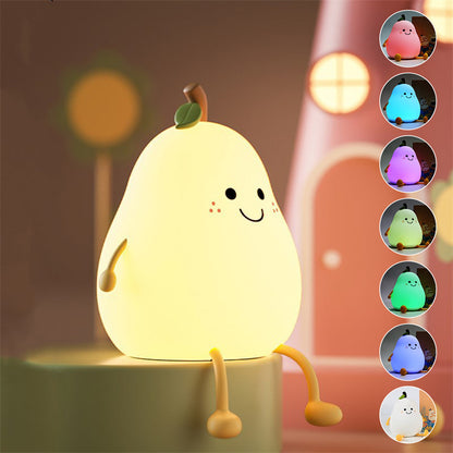 LED Pear Night Light – USB Rechargeable Touch Silicone Bedside Lamp