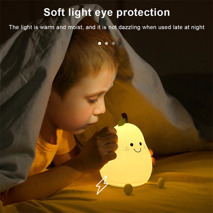LED Pear Night Light – USB Rechargeable Touch Silicone Bedside Lamp