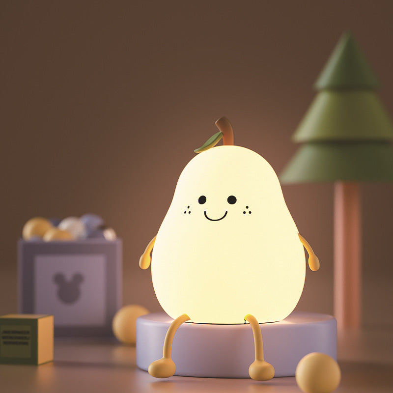 LED Pear Night Light – USB Rechargeable Touch Silicone Bedside Lamp