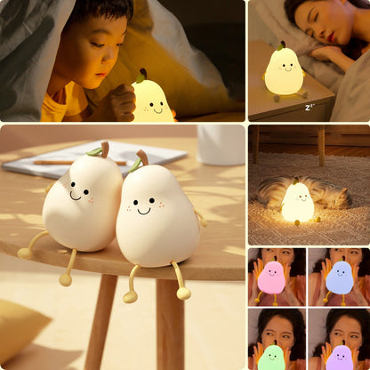 LED Pear Night Light – USB Rechargeable Touch Silicone Bedside Lamp