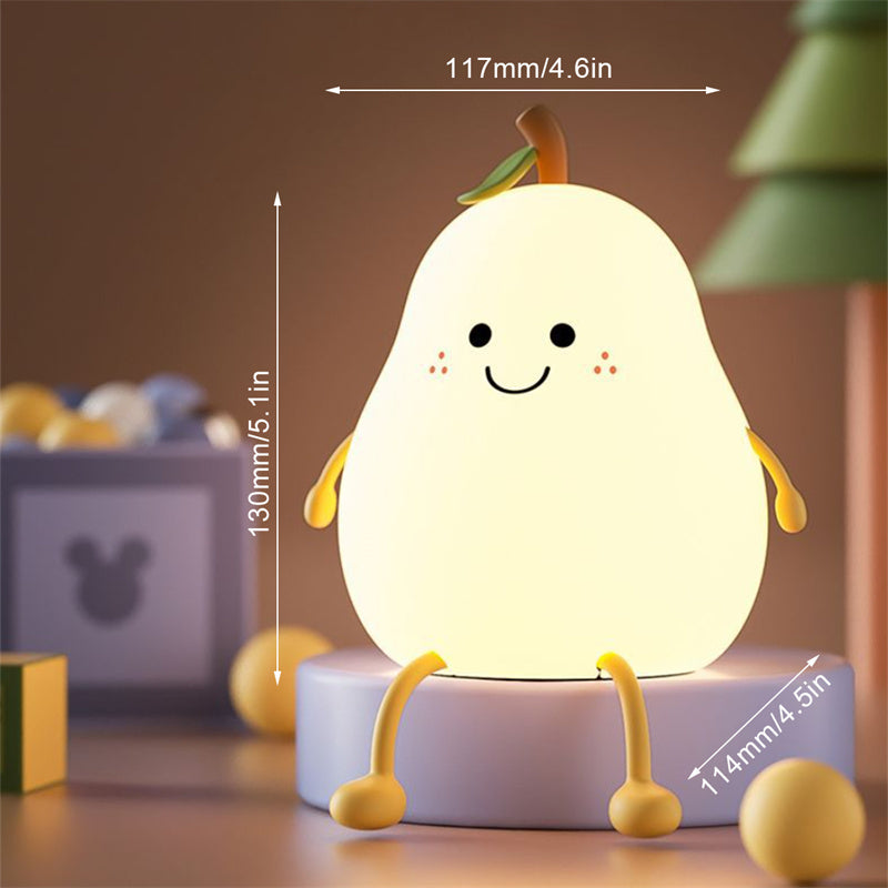 LED Pear Night Light – USB Rechargeable Touch Silicone Bedside Lamp