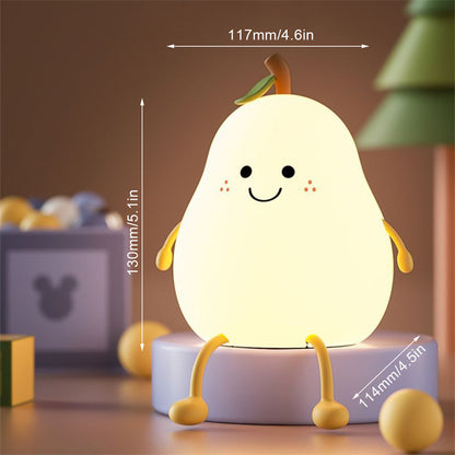 LED Pear Night Light – USB Rechargeable Touch Silicone Bedside Lamp