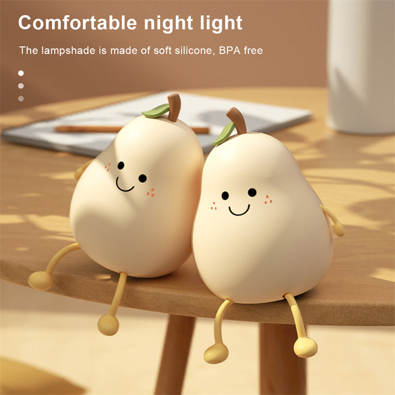 LED Pear Night Light – USB Rechargeable Touch Silicone Bedside Lamp