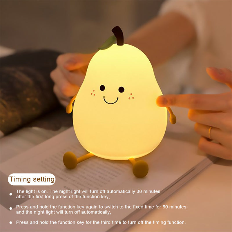 LED Pear Night Light – USB Rechargeable Touch Silicone Bedside Lamp
