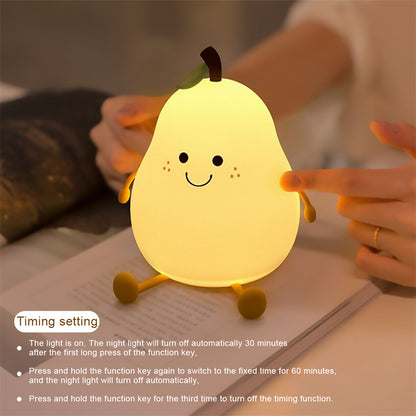 LED Pear Night Light – USB Rechargeable Touch Silicone Bedside Lamp