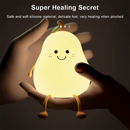 LED Pear Night Light – USB Rechargeable Touch Silicone Bedside Lamp